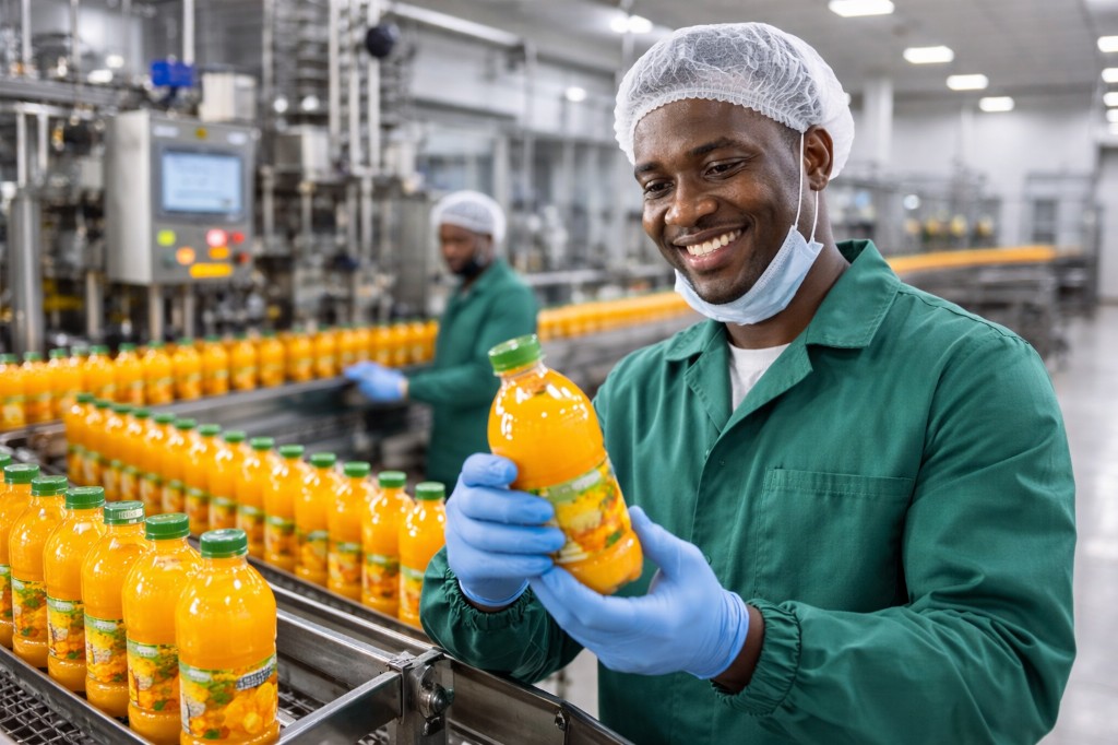 Orange juice bottling plant: worker inspecting juice bottle on production line
