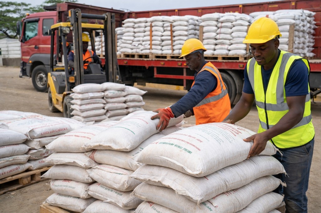 Stock feeds logistics: workers loading sacks from truck with forklift, African operational context
