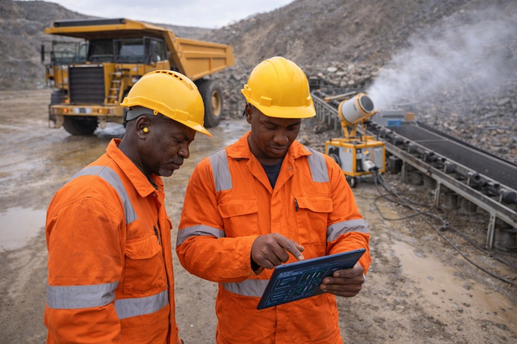 Commercial mine: workers with PPE reviewing tablet, haul truck and conveyor at mining site