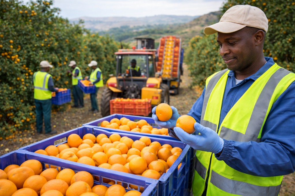 Orange harvest in citrus orchard: workers and tractor with crates of oranges
