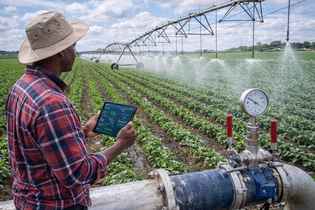 Center-pivot irrigation in field, technician with tablet monitoring system and pressure gauge