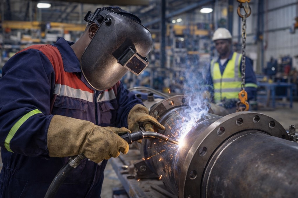 Welding and metal fabrication: welder at work on pipe, industrial workshop